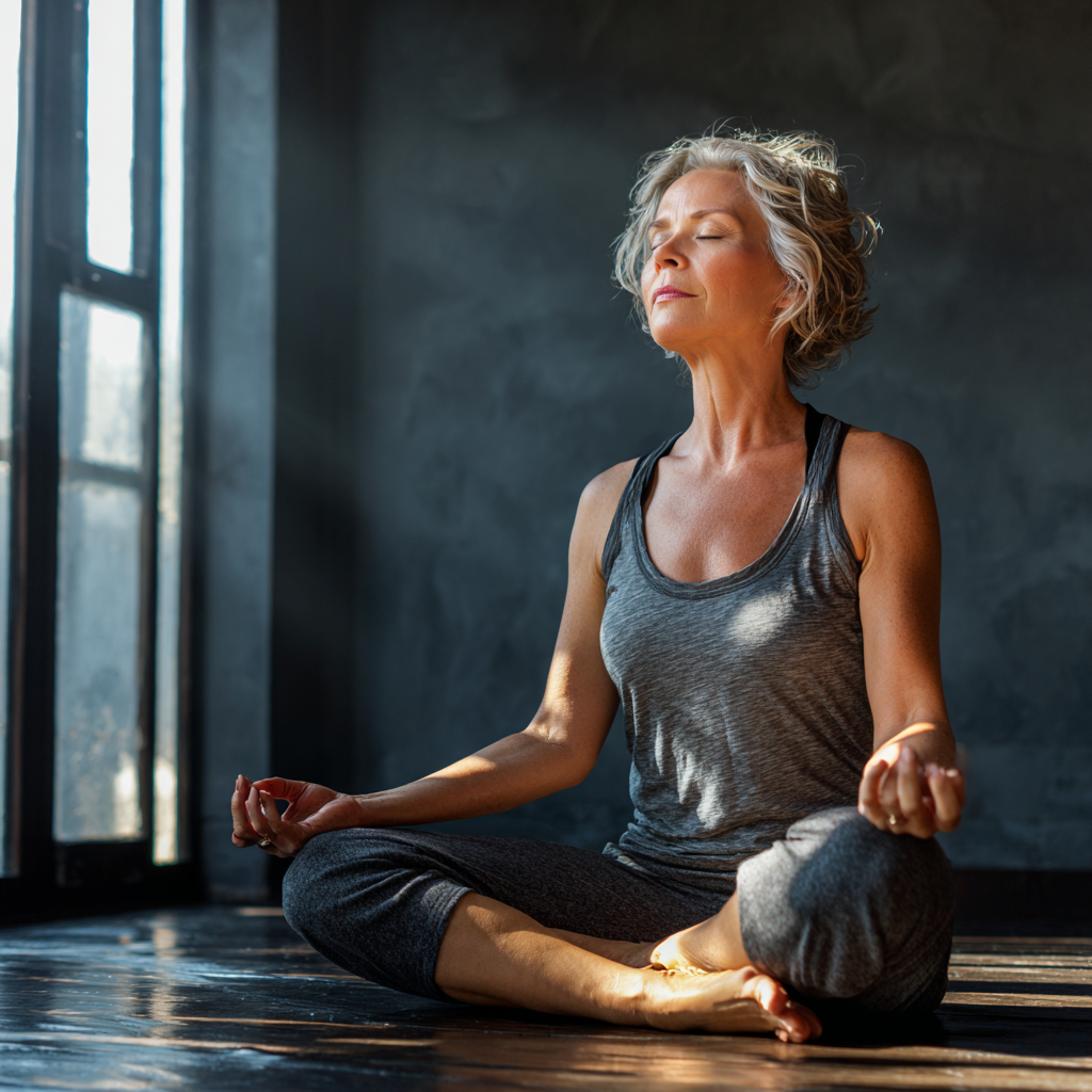 Middle-aged woman practicing yoga meditation in peaceful studio environment